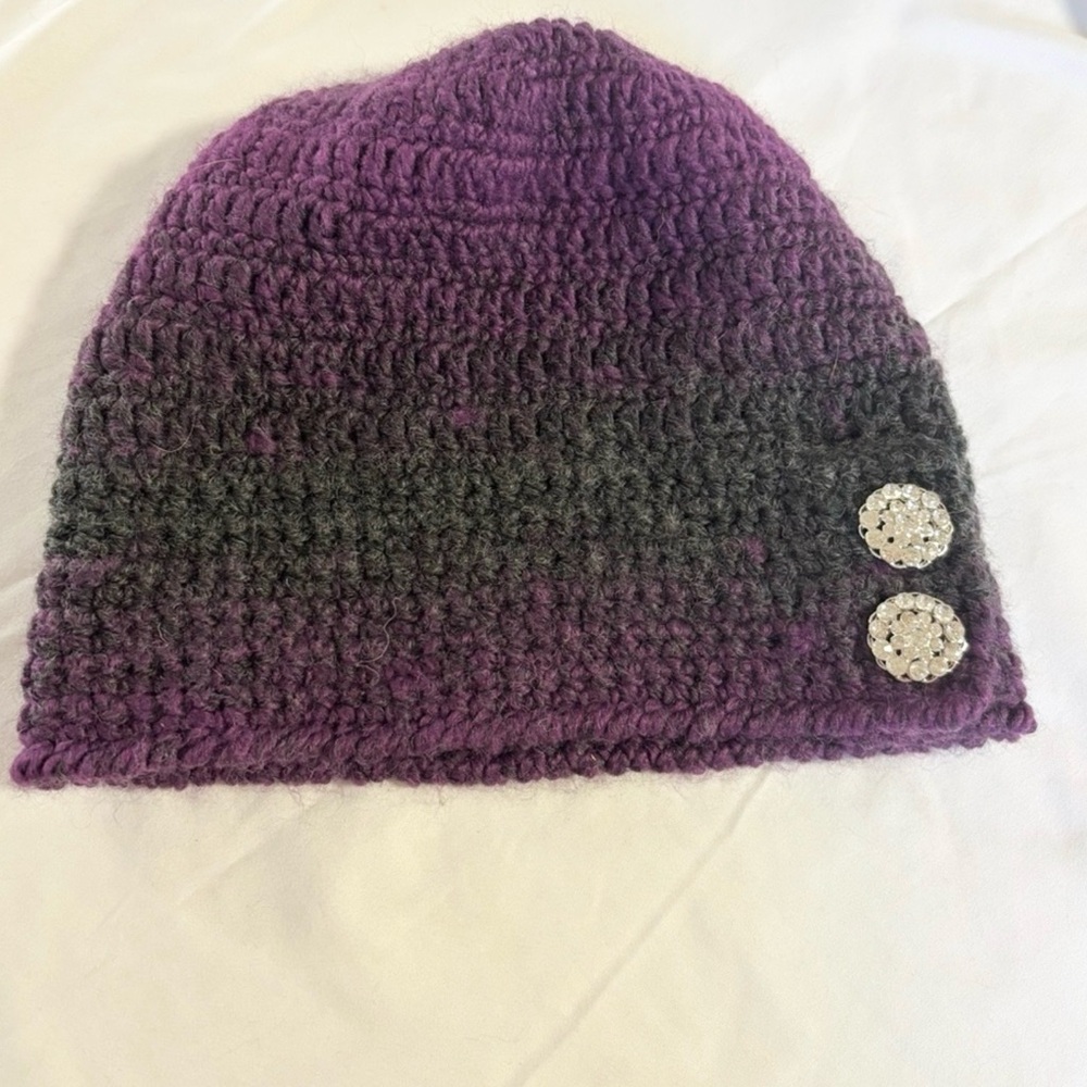 Elegant Purple and Gray Knit Beanie with Button Details